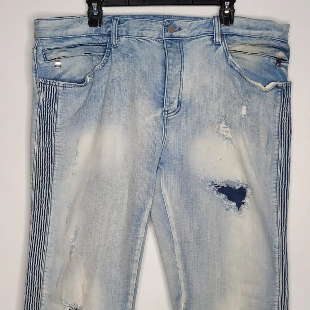 MNML Mens Jeans 40 Ankle Zip‎ Jeans Denim Blue Distressed Button Fly 40x33